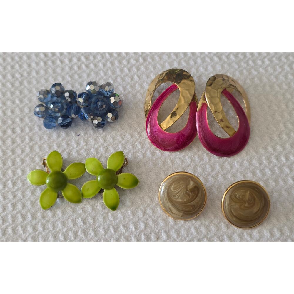 Vtg Mod Clip-on Pierced Earring Lot Pink Green Blue Gold Tone Retro 60s 70s